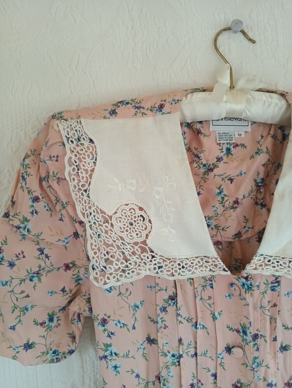 Vintage Pink Floral Midi Dress Lace Sailor Collar Prairiecore Karin Stevens 80s - Picture 4 of 15